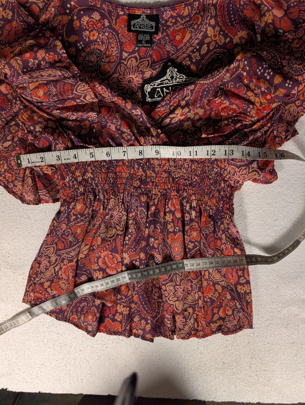 A-202 Angie Purple Paisley Floral Smocked Peplum Blouse NWT Large - Picture 11 of 12